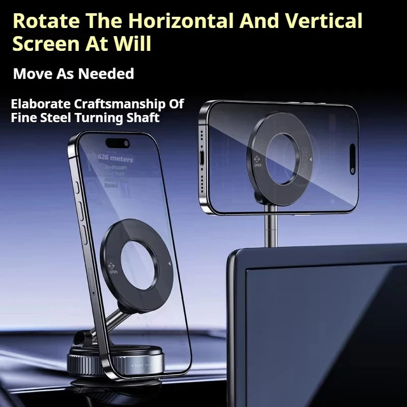 Magnetic phone holder for cars, featuring a sleek, rotating silver steel shaft and black circular magnetic mount.