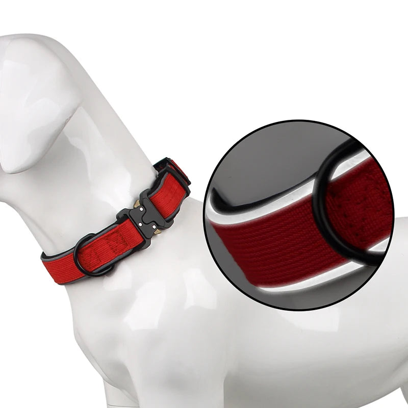 Wide red heavy-duty nylon dog collar with black metal buckle and reflective stripe on white mannequin.