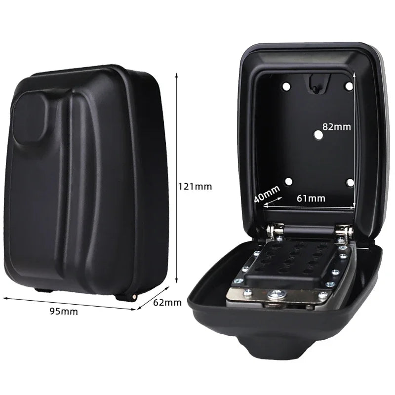 Black metal wall-mounted key lock box with combination mechanism, shown closed and open with dimensions in millimeters.
