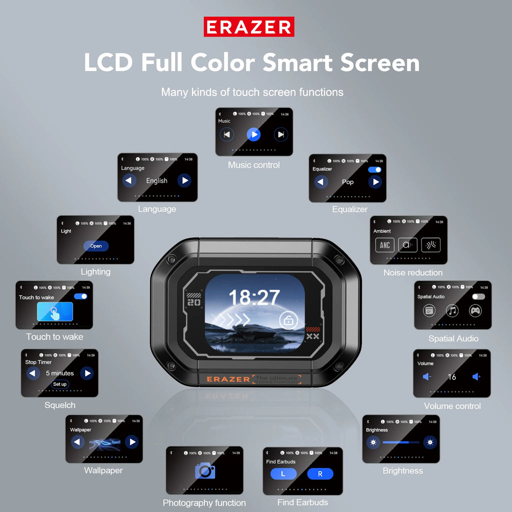 Black, rectangular smart touch screen display for earbuds, featuring a digital clock and multiple settings icons.