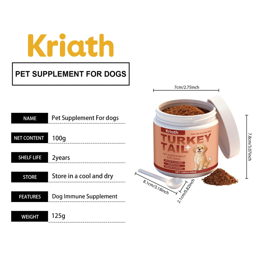 100g bacon-flavoured turkey tail powder supplement for dogs, shown with a measuring spoon and product dimensions.