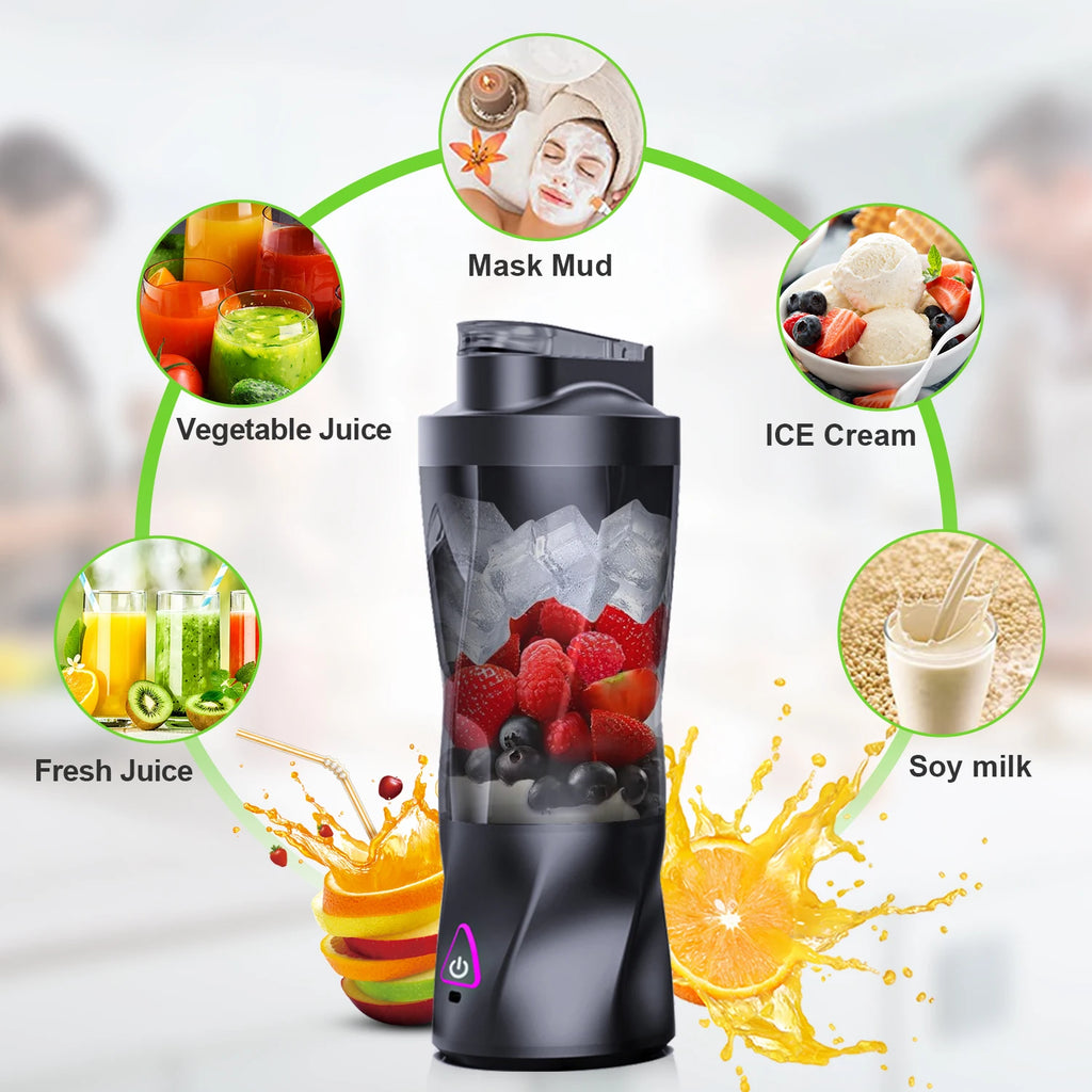 Portable black electric blender with fresh fruits inside, surrounded by icons showing varied food and drink applications.