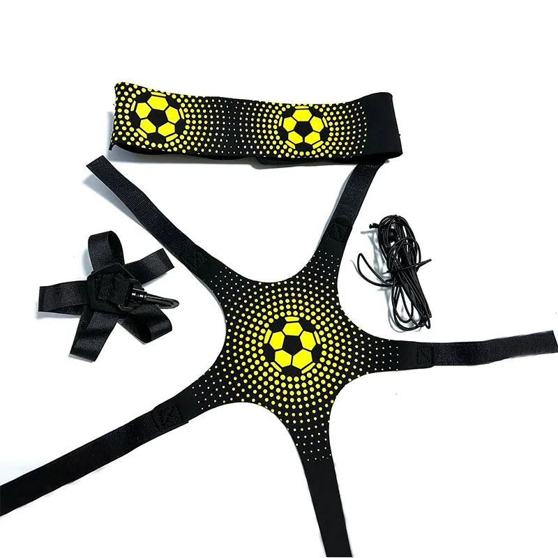 Black football solo training harness with yellow soccer ball print, elastic straps, and tension cord on white background.