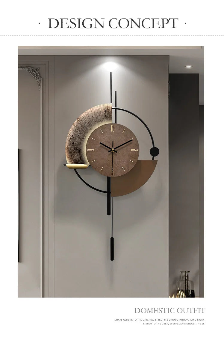Modern minimalist wall clock with a brown textured circular face, black metal accents, and a vertical pendulum design.