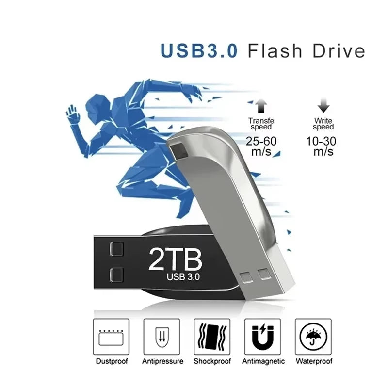 Sleek silver and black 2TB USB 3.0 flash drive. Features a durable, rugged design that is shockproof and waterproof.