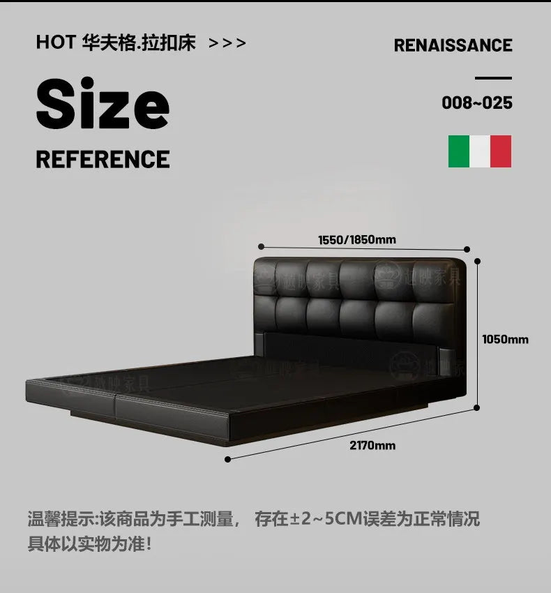 Luxury modern black leather floating double bed with a tufted headboard and detailed dimension measurements.