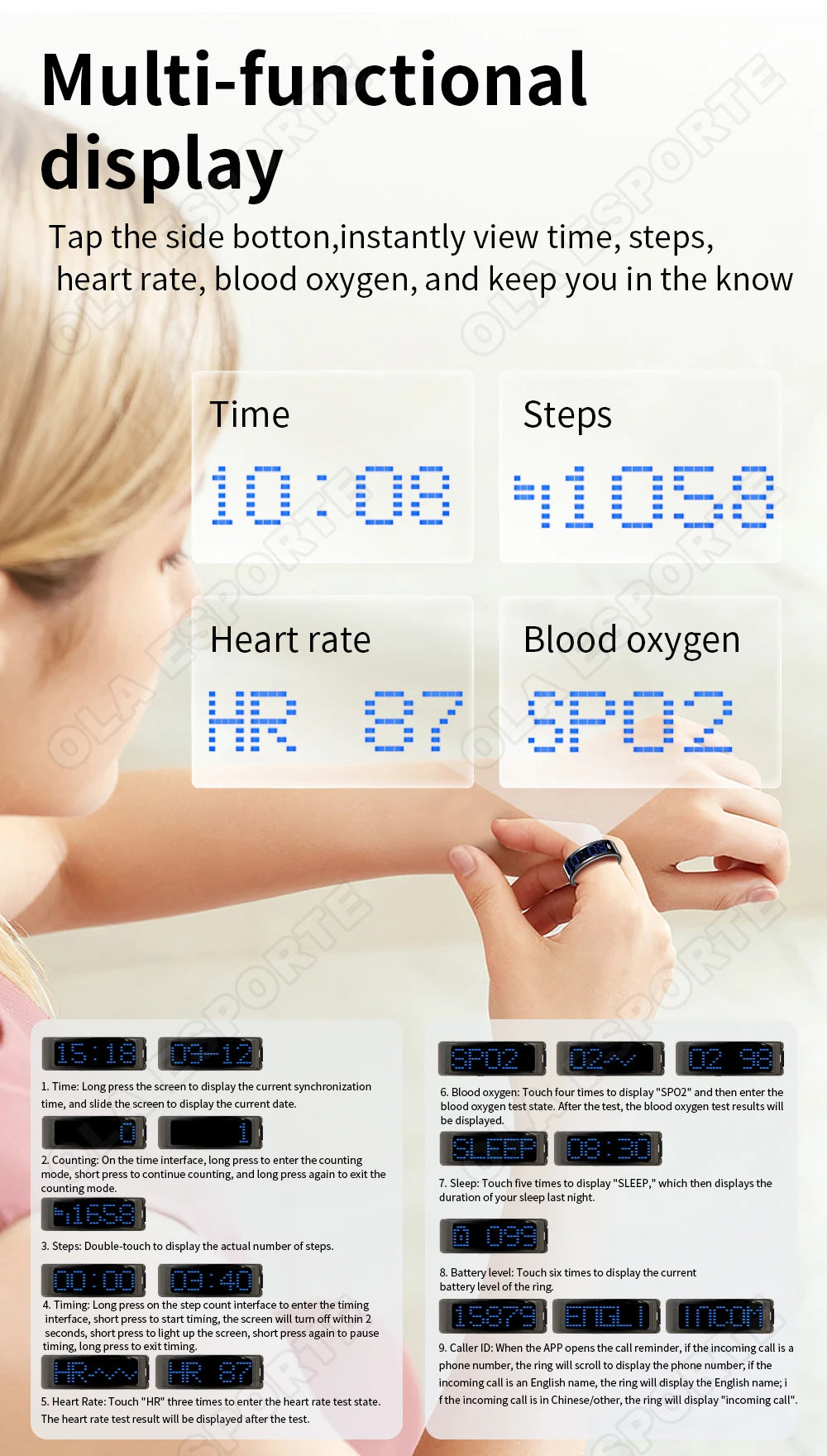 A slim, black smart fitness ring shown on a finger, featuring a blue LED display for time, steps, heart rate and SpO2.