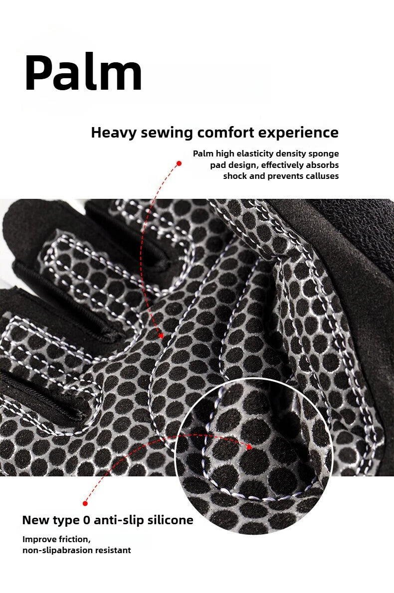 Close-up of a black gym glove palm with grey anti-slip silicone honeycomb pattern and stitched sponge padding.
