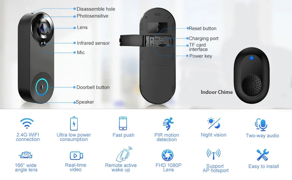Black wireless smart video doorbell with indoor chime, featuring 1080p camera, night vision, and motion detection.