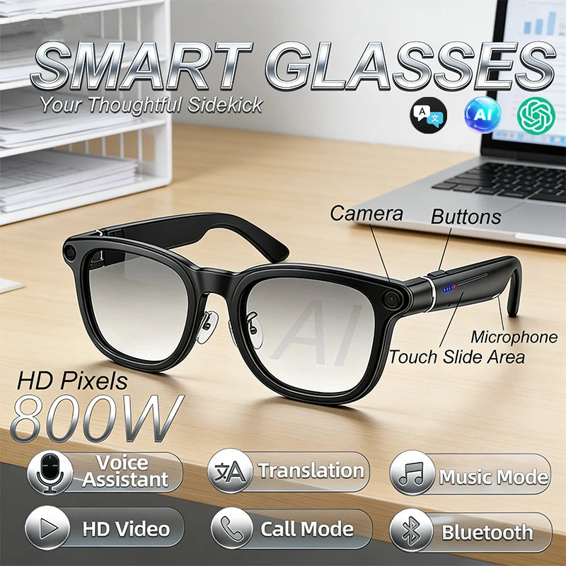 Black smart glasses featuring a built-in camera, microphone, touch controls, and AI-powered translation capabilities.