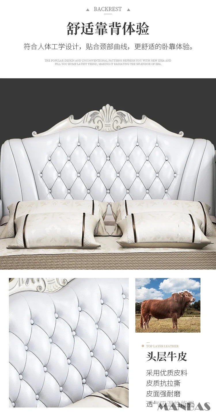 Luxurious white leather tufted bed frame with decorative headboard and premium cream-coloured pillows.