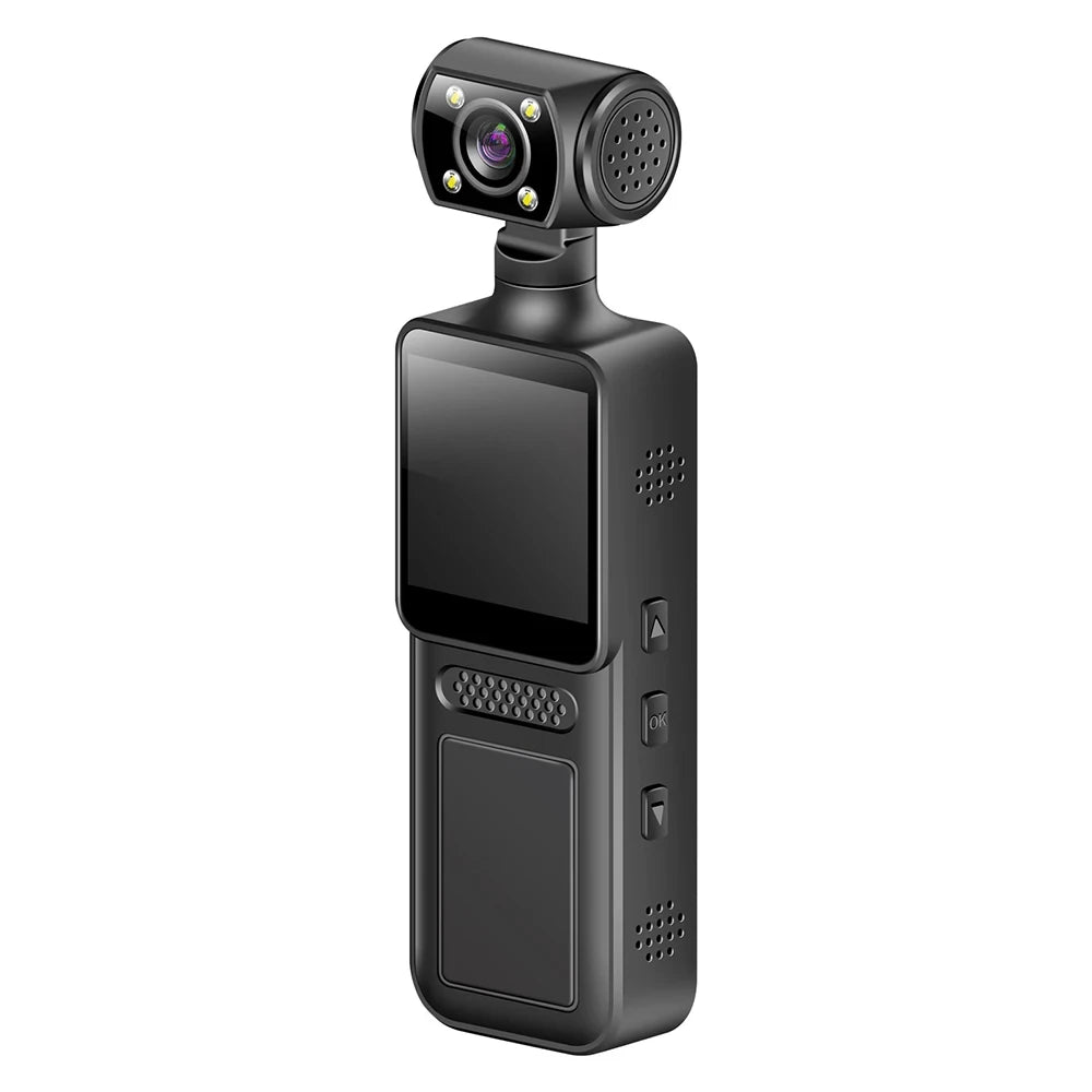 Black plastic handheld camera with a rotating lens, front screen, speaker holes, and side control buttons.