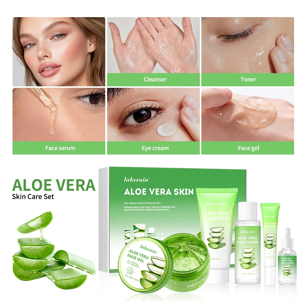 Aloe vera skincare gift set featuring cleanser, toner, face gel, eye cream, and serum in green and white packaging.