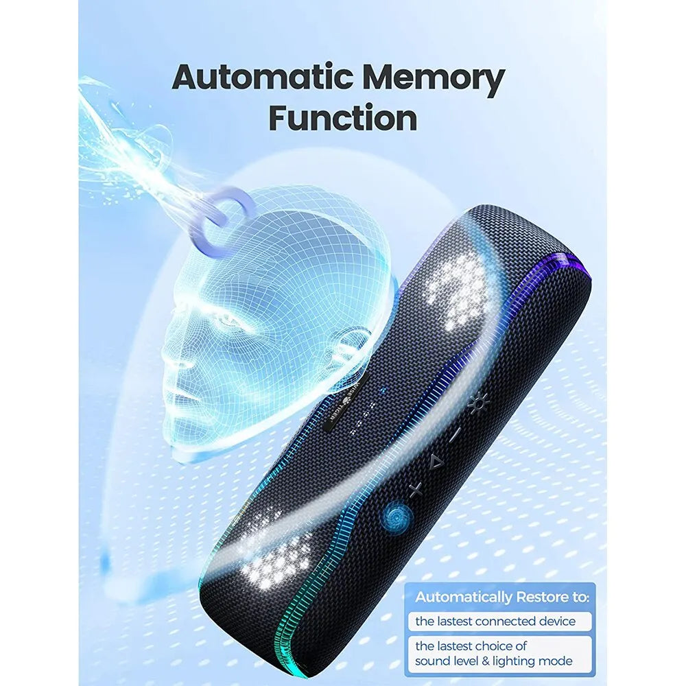 Black portable Bluetooth speaker with integrated LED lighting and control buttons on a mesh fabric exterior.
