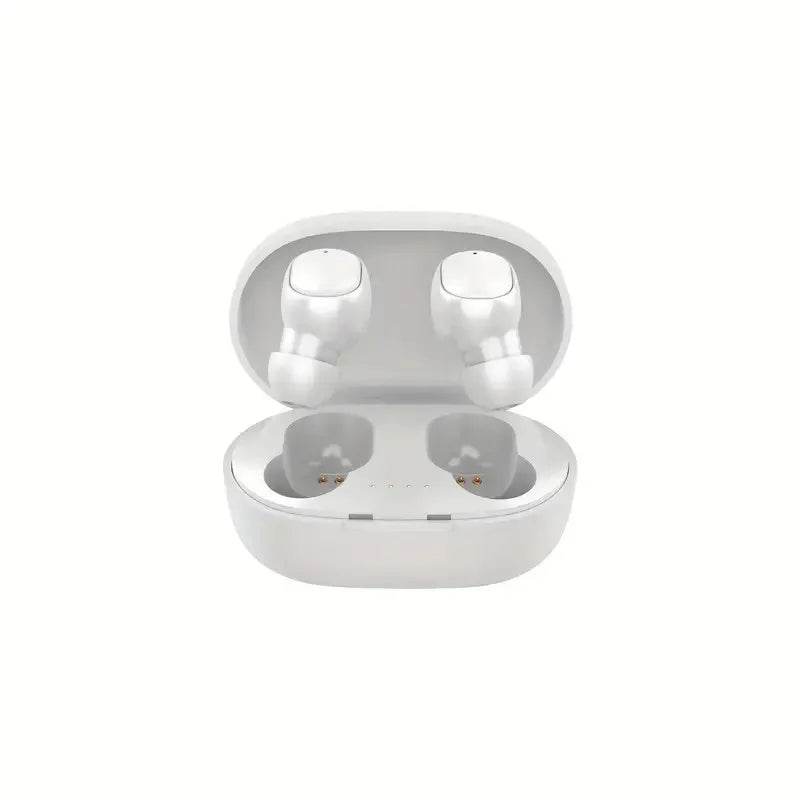 White wireless earbuds in a matching open charging case against a plain white background.