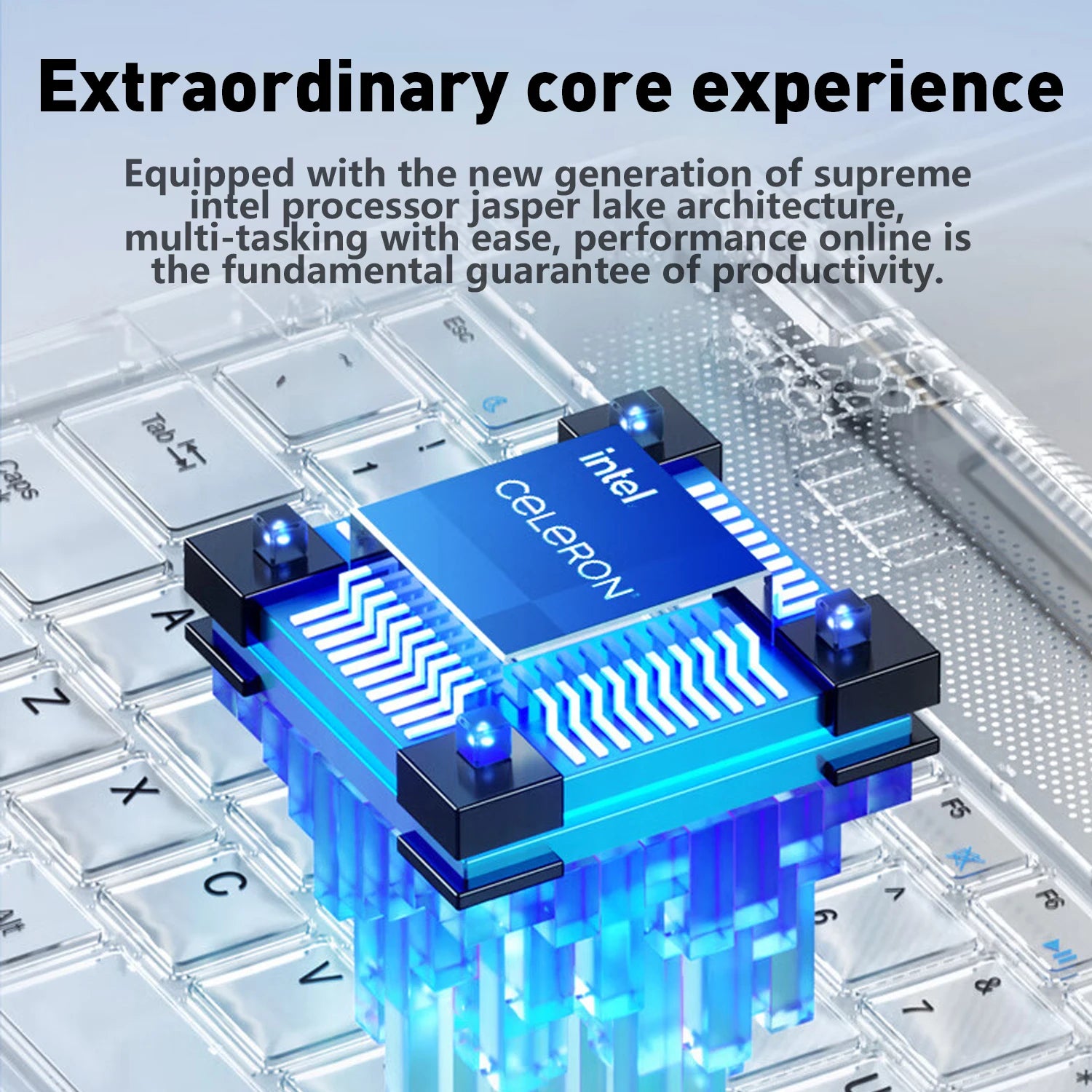 Close-up of a silver ultra-slim laptop keyboard with a glowing blue processor highlighted above the keys.