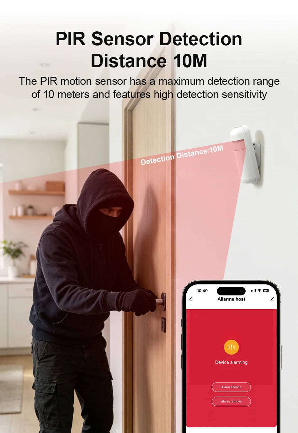 White wireless PIR motion sensor mounted on a wall, showing a 10m detection range via a smartphone alarm app.