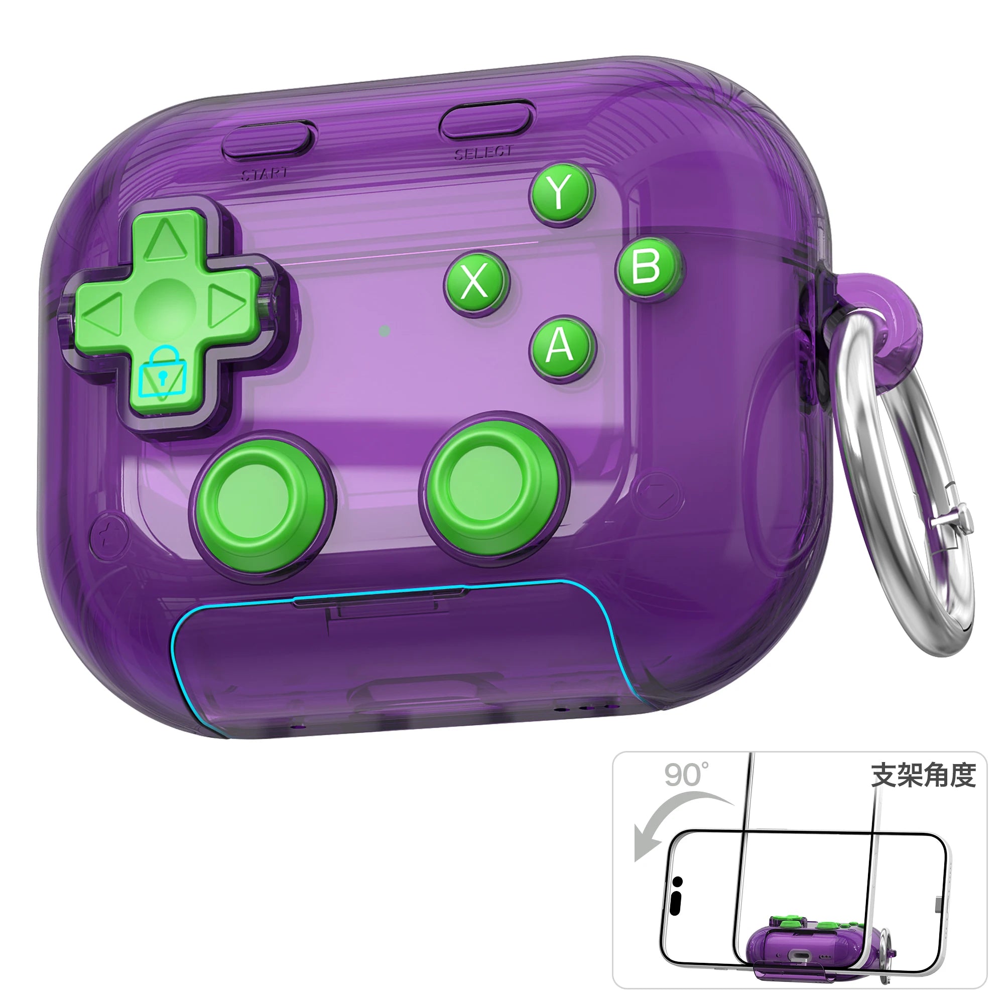 Transparent purple silicone AirPods case with retro gaming controller design and integrated phone stand.