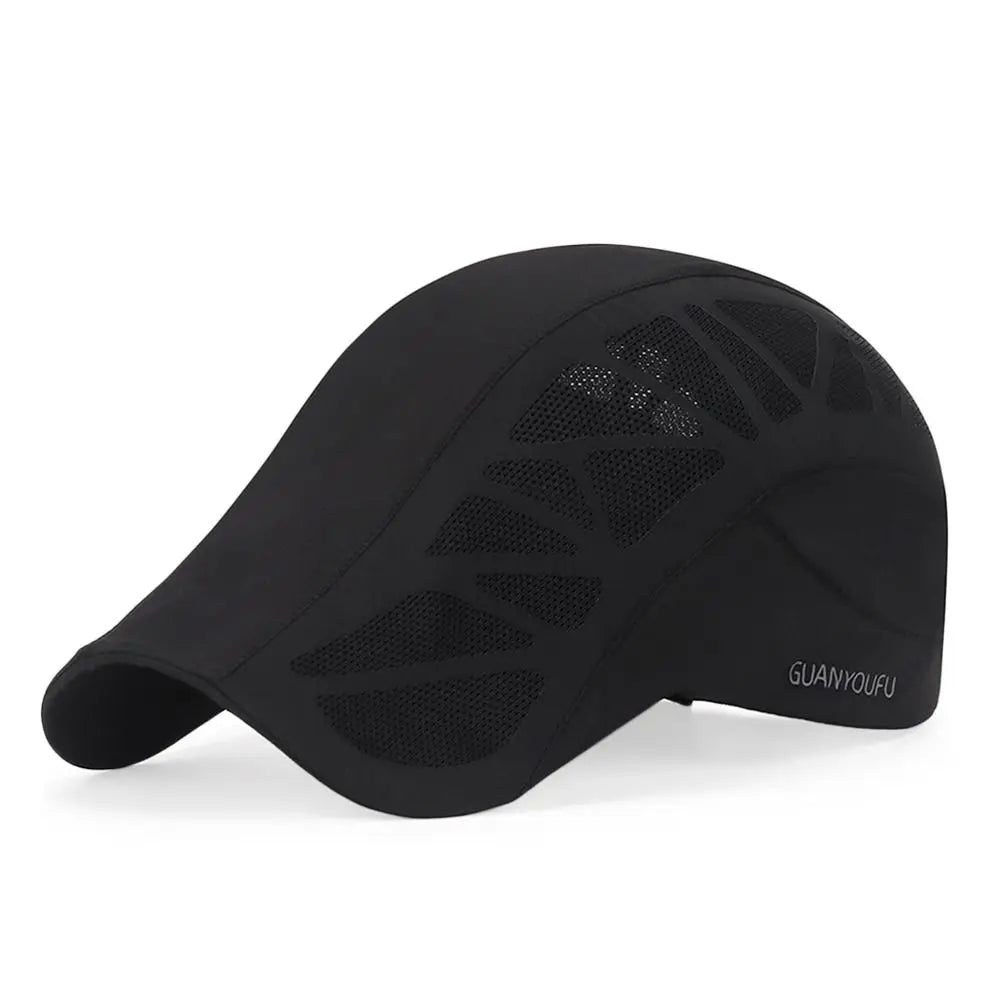 Classic black men’s newsboy flat cap featuring breathable mesh side panels for a lightweight, stylish finish.