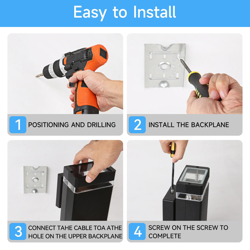 Four-step guide showing how to easily install a modern black, rectangular motion-sensor outdoor LED wall light.