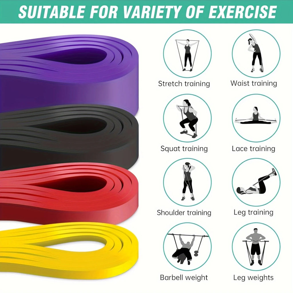 Four coloured exercise resistance bands with icons showing various workout routines.
