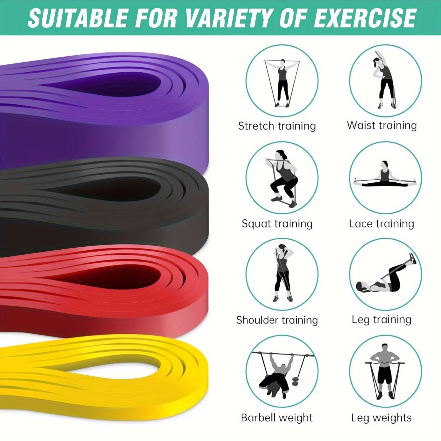 Four coloured exercise resistance bands with icons showing various workout routines.