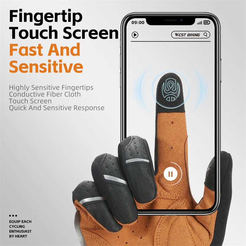 Brown and black cycling glove touching a smartphone screen to show touch-sensitive fingertip functionality.