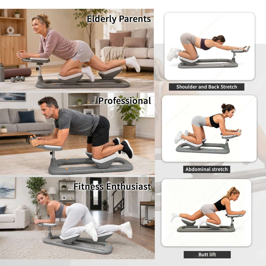 Grey ABS back stretching and crawling machine for home workouts with padded knee and hand rests.