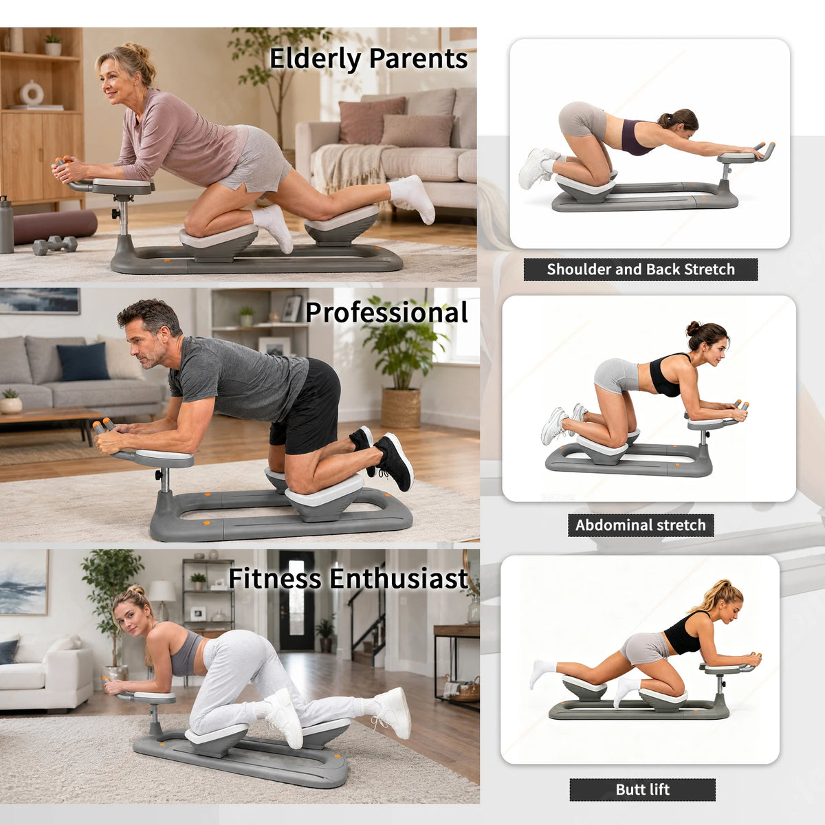 Grey ABS back stretching and crawling machine for home workouts with padded knee and hand rests.