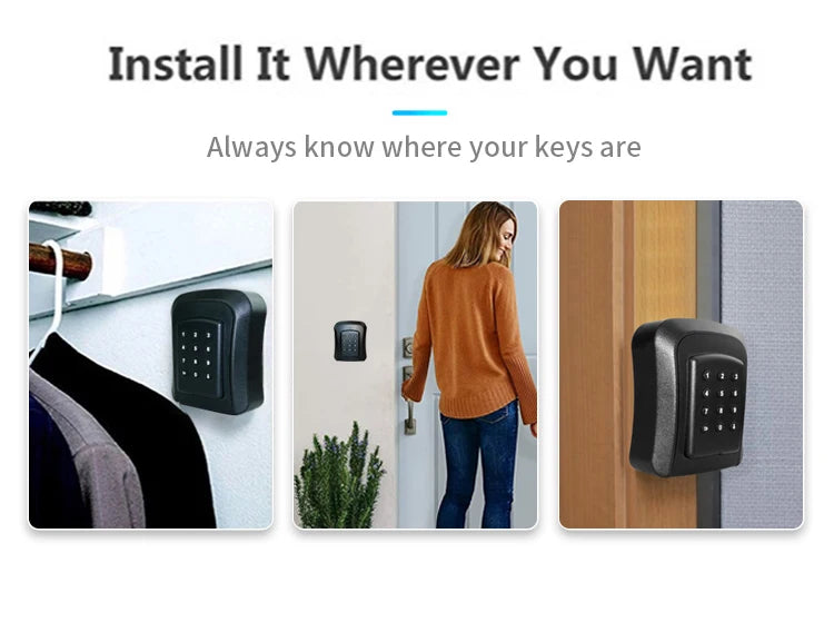 Black wall-mounted metal key lock box with a push-button digital keypad, shown mounted in three different locations.