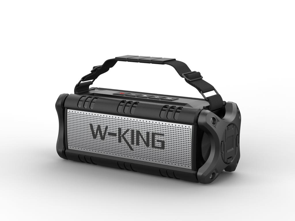 Rugged black and silver portable 90W waterproof wireless Bluetooth speaker with a convenient carry strap.