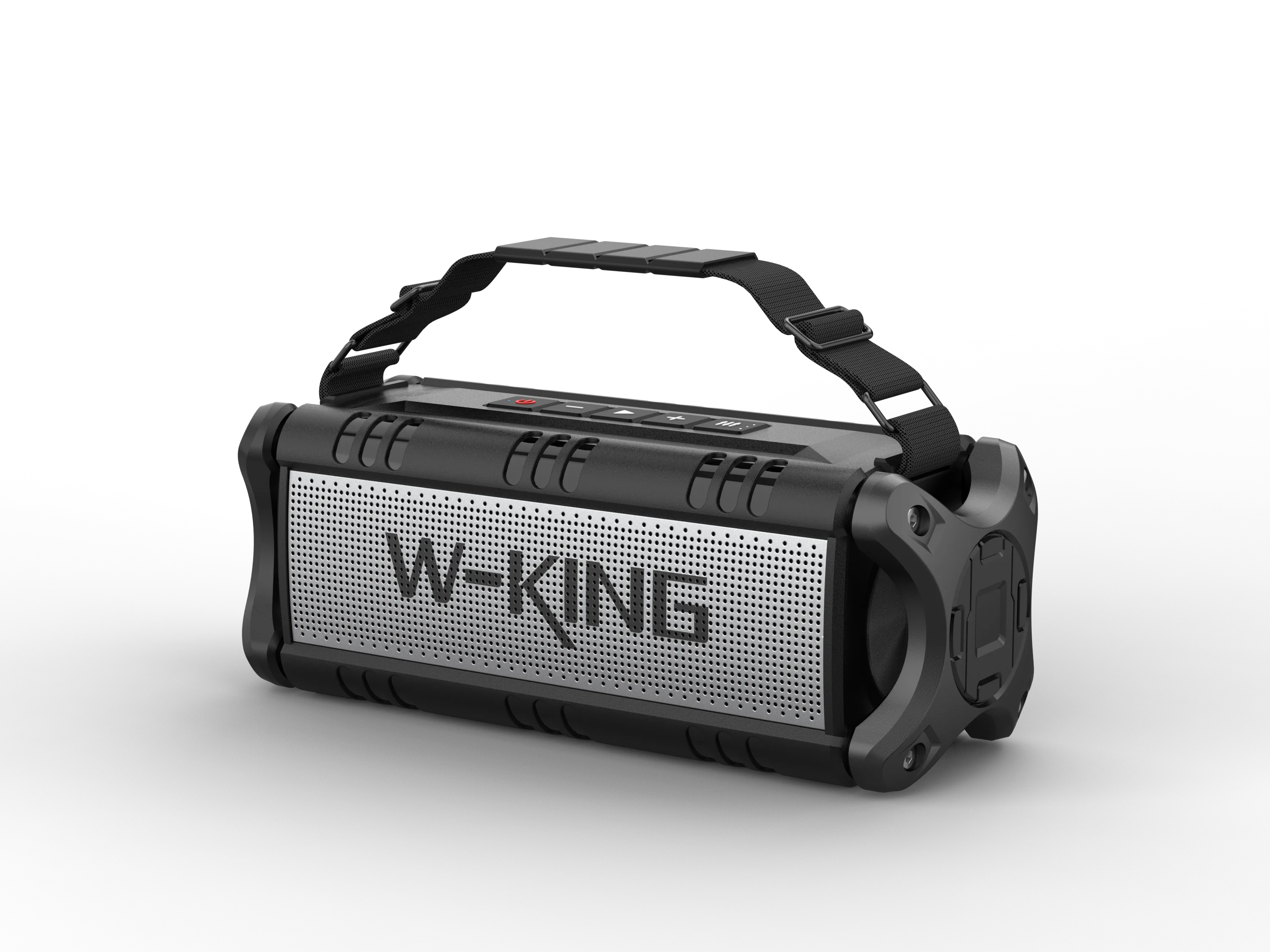 Rugged black and silver portable 90W waterproof wireless Bluetooth speaker with a convenient carry strap.