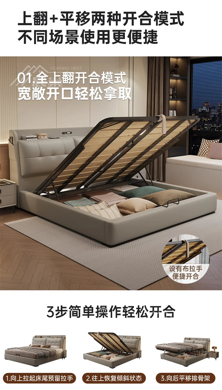 Modern cream upholstered storage bed with a lift-up slatted base, revealing internal space for bedding and pillows.