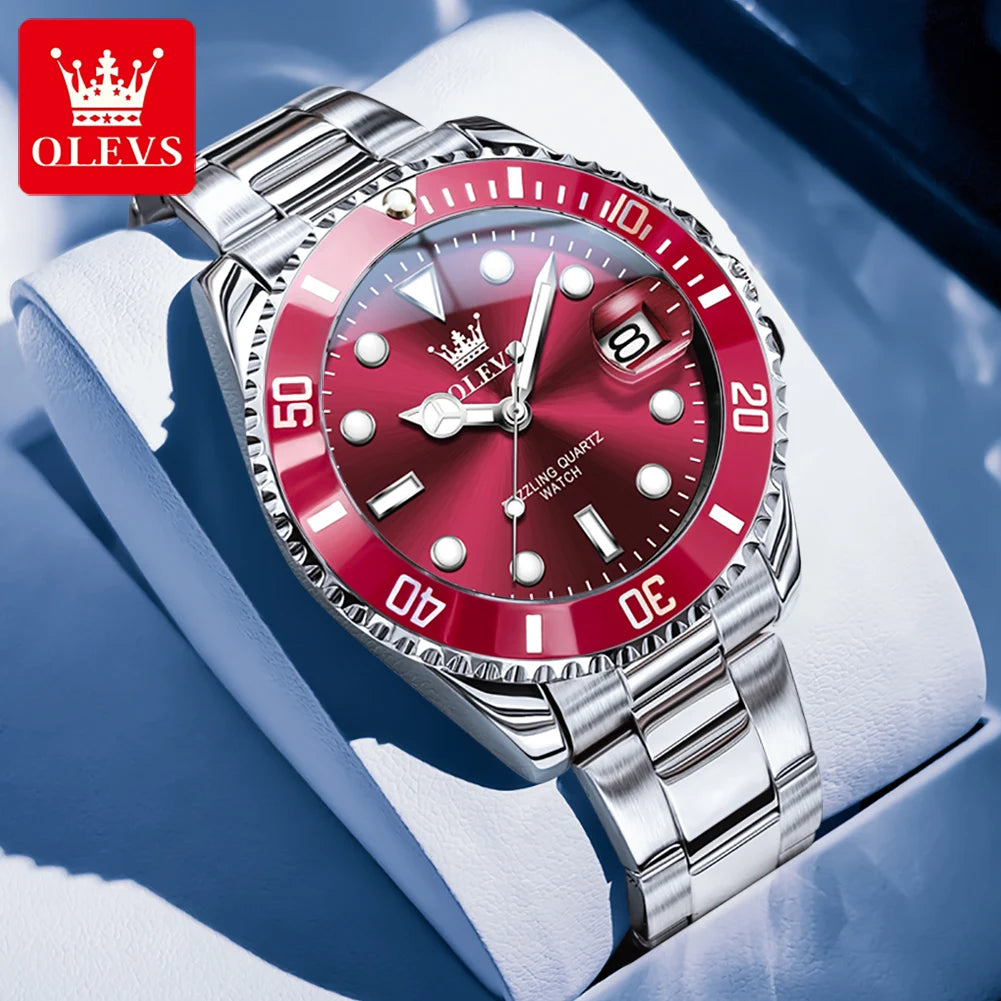 OLEVS men's stainless steel quartz watch with round red dial, red bezel, and date window.