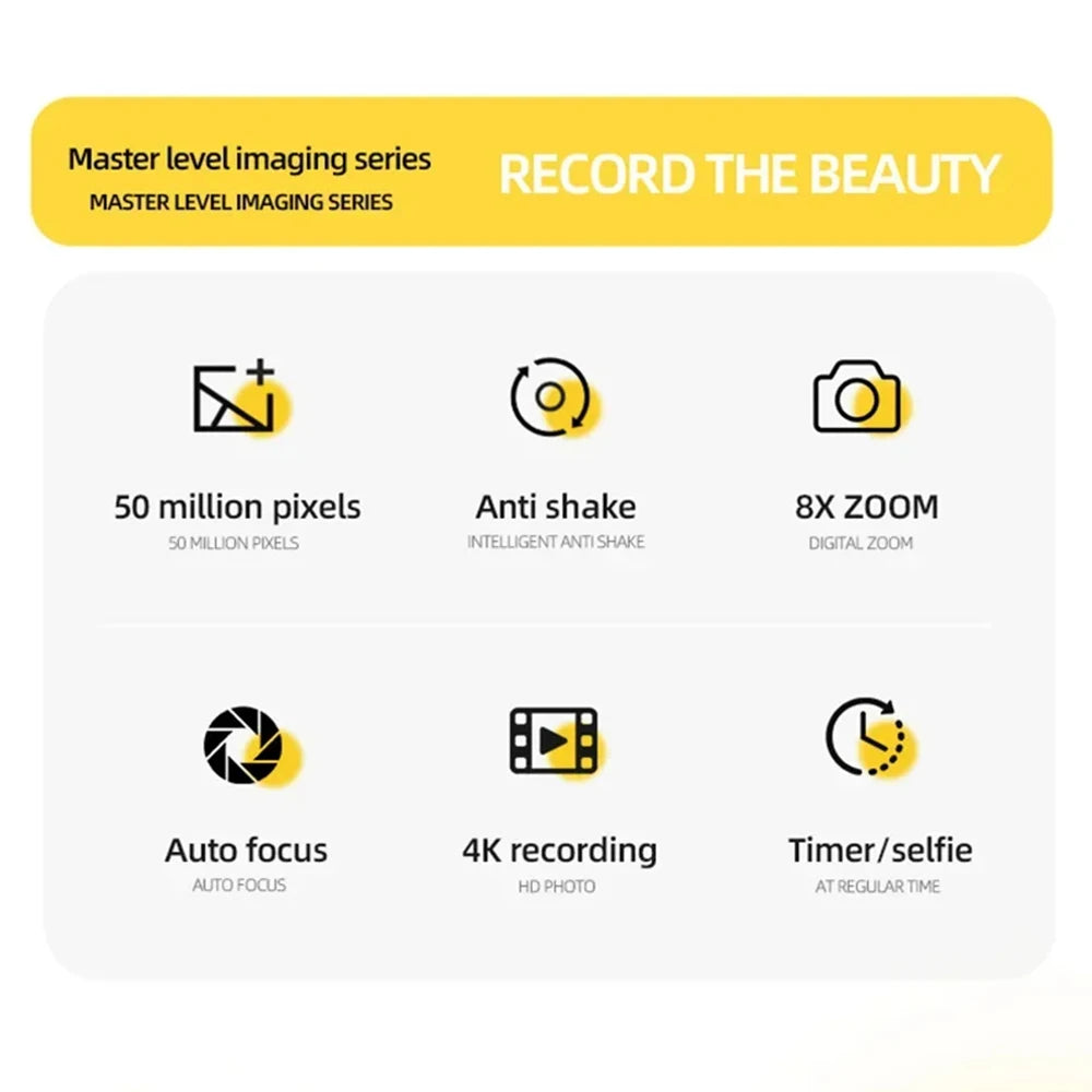 Infographic showing yellow and white camera feature icons: 50MP, anti-shake, 8x zoom, auto focus, 4K, and timer.