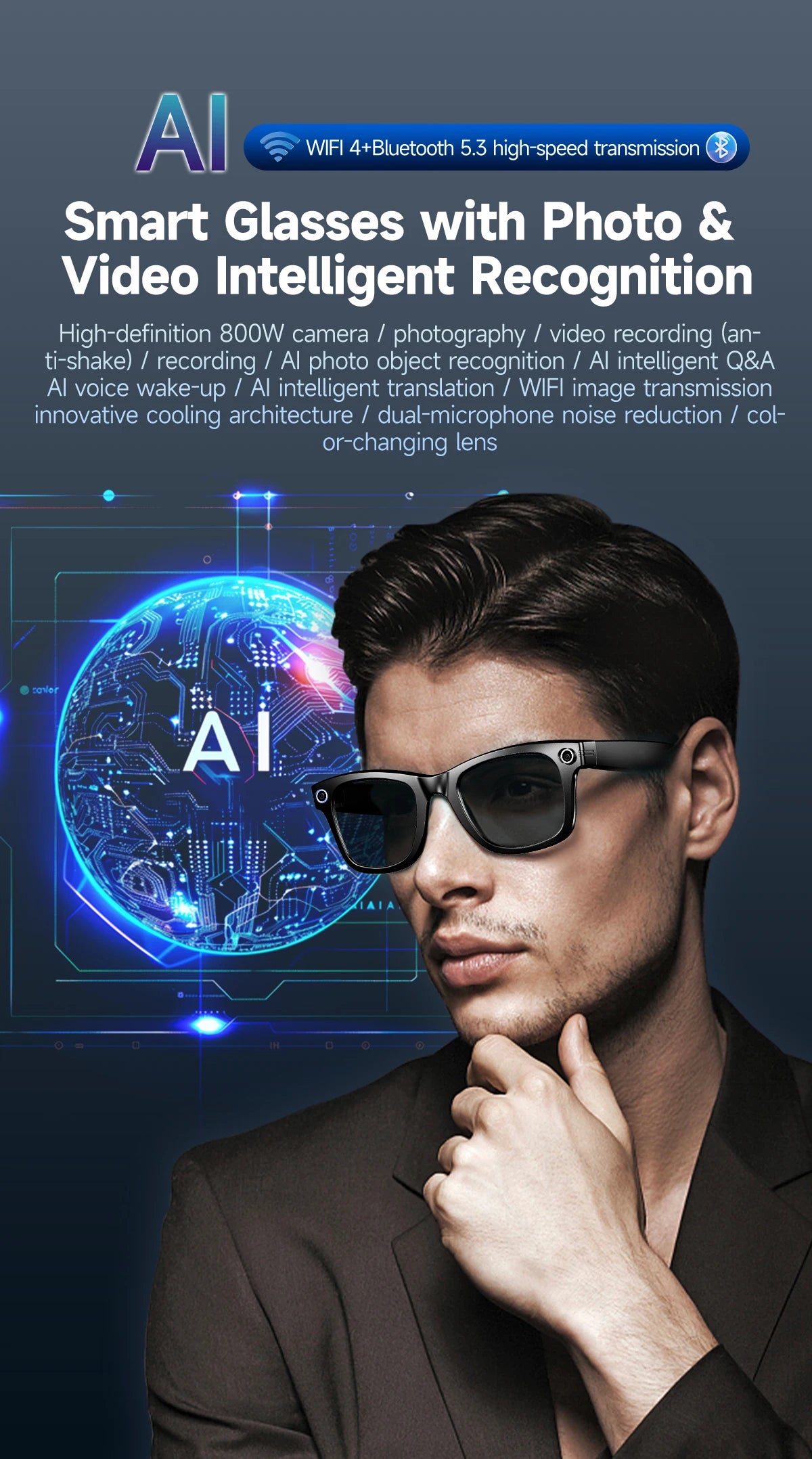 A man wearing sleek black smart glasses with built-in cameras for HD video recording and intelligent AI features.