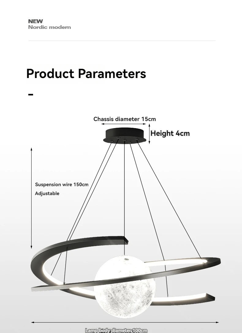 Modern black pendant ceiling lamp with an adjustable circular frame and a central glowing globe light.