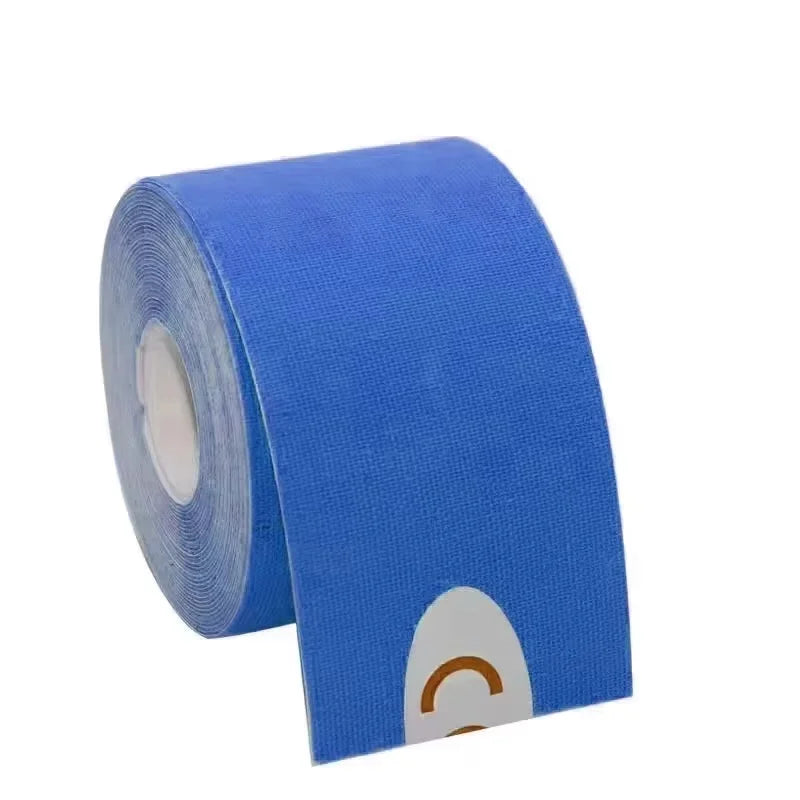 A roll of bright blue kinesiology tape with a white backing strip.