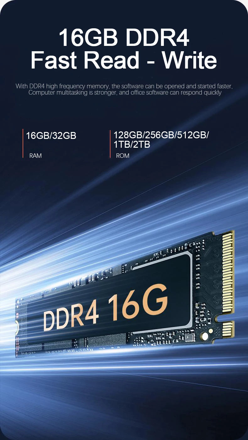 16GB DDR4 RAM stick against a blue motion-blur background, highlighting fast read and write memory performance.