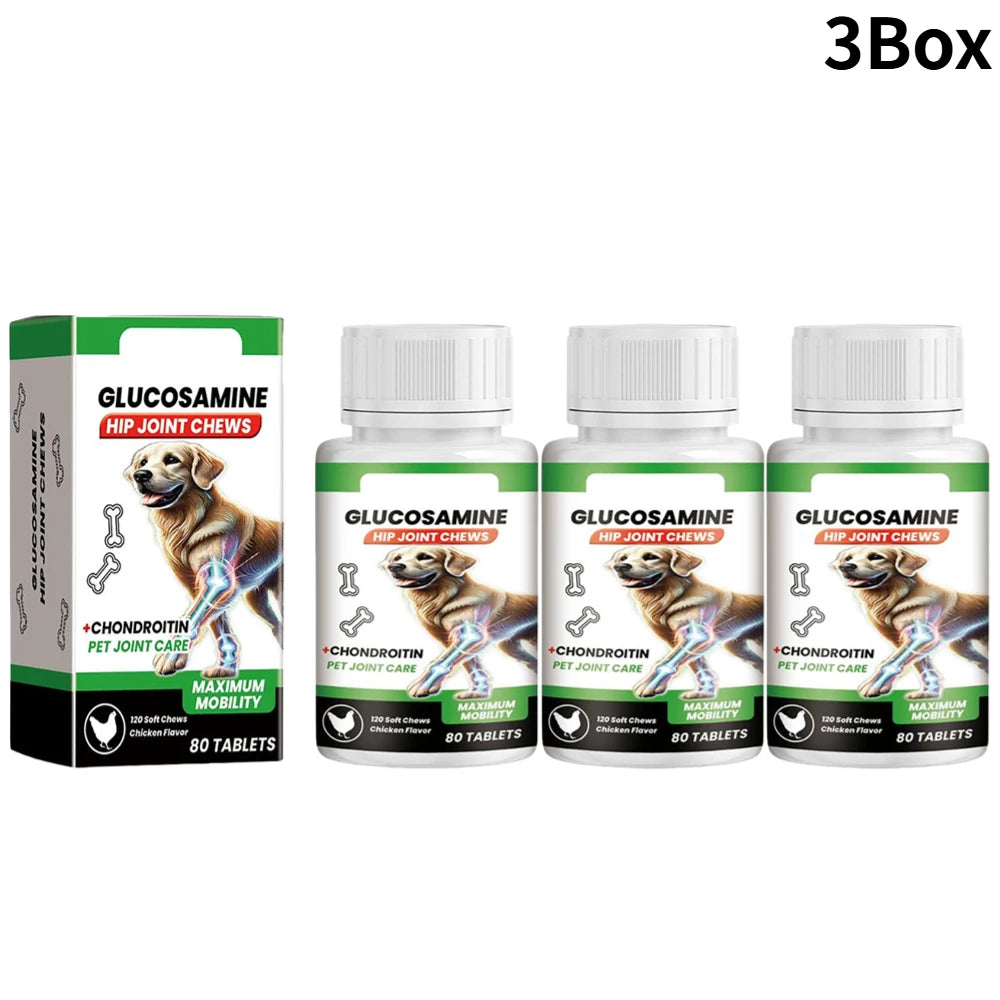 Three boxes of chicken-flavoured glucosamine and chondroitin soft chews for dog hip and joint mobility.