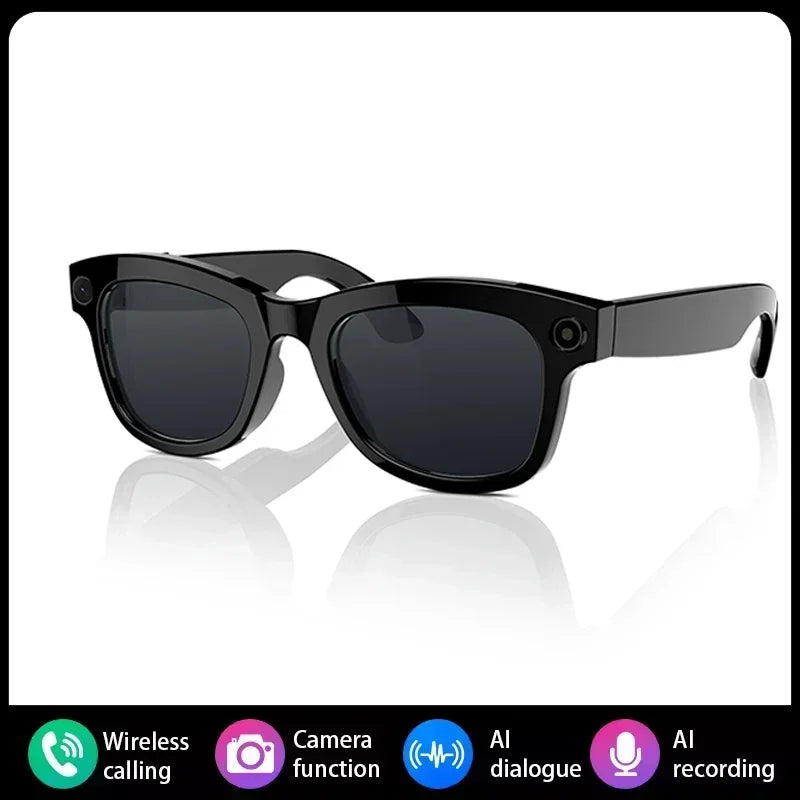 Glossy black smart glasses with a sleek, classic frame design, integrated camera lenses, and built-in AI technology.