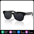 Glossy black smart glasses with a sleek, classic frame design, integrated camera lenses, and built-in AI technology.