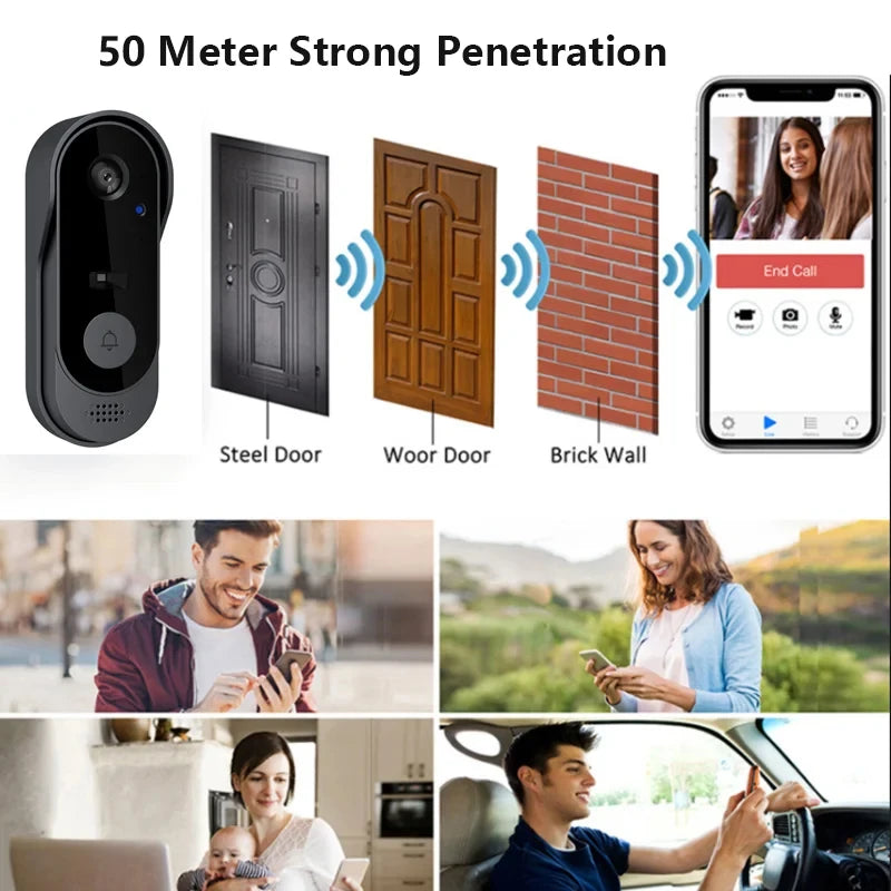Black wireless smart video doorbell with HD camera and night vision, showing long-range signal through walls and doors.