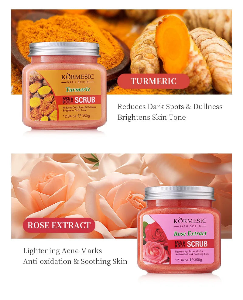 Two 350g jars of face and body scrub, one turmeric for brightening, one rose extract for soothing and acne marks.