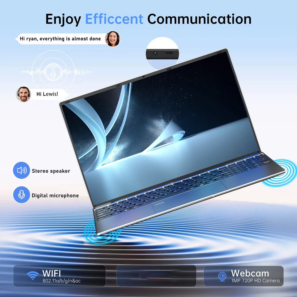 Sleek, dark grey 15.6-inch laptop highlighting its HD webcam, stereo speakers, digital microphone, and Wi-Fi features.