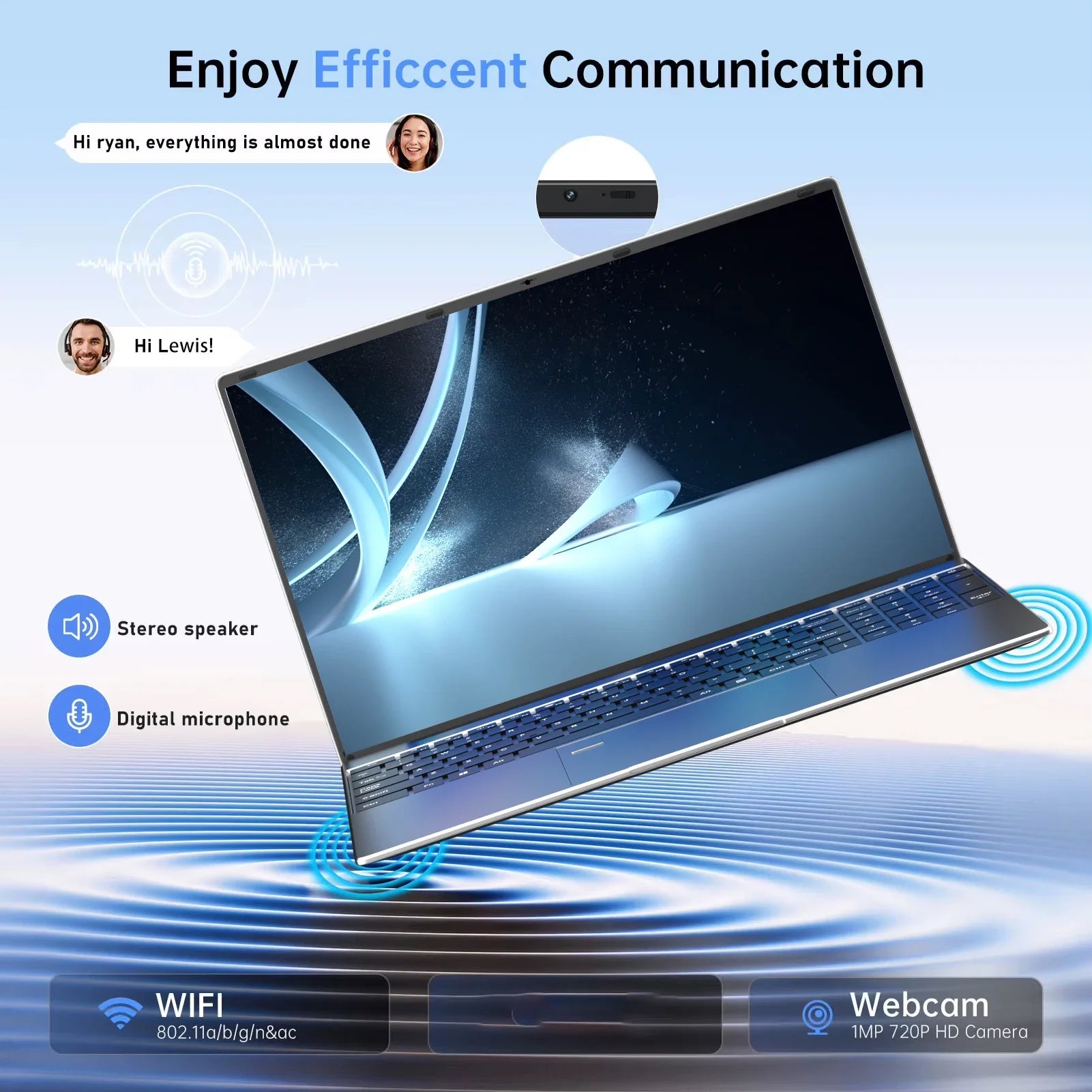 Sleek, dark grey 15.6-inch laptop highlighting its HD webcam, stereo speakers, digital microphone, and Wi-Fi features.