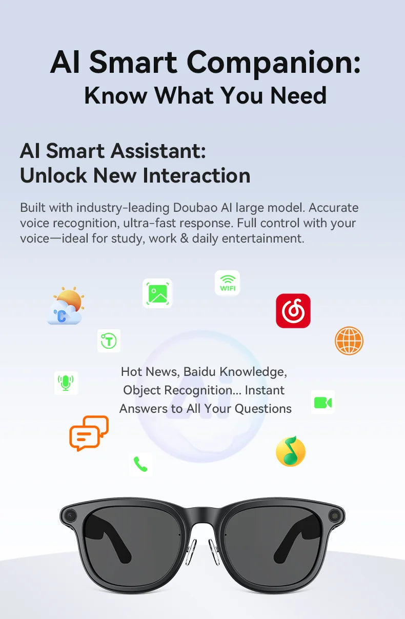 Black, sleek, modern smart glasses with an integrated camera for AI-powered video recording and voice assistance.