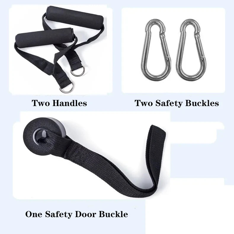 Black resistance band accessories: two foam-padded handles, two metal carabiners and one door anchor strap.