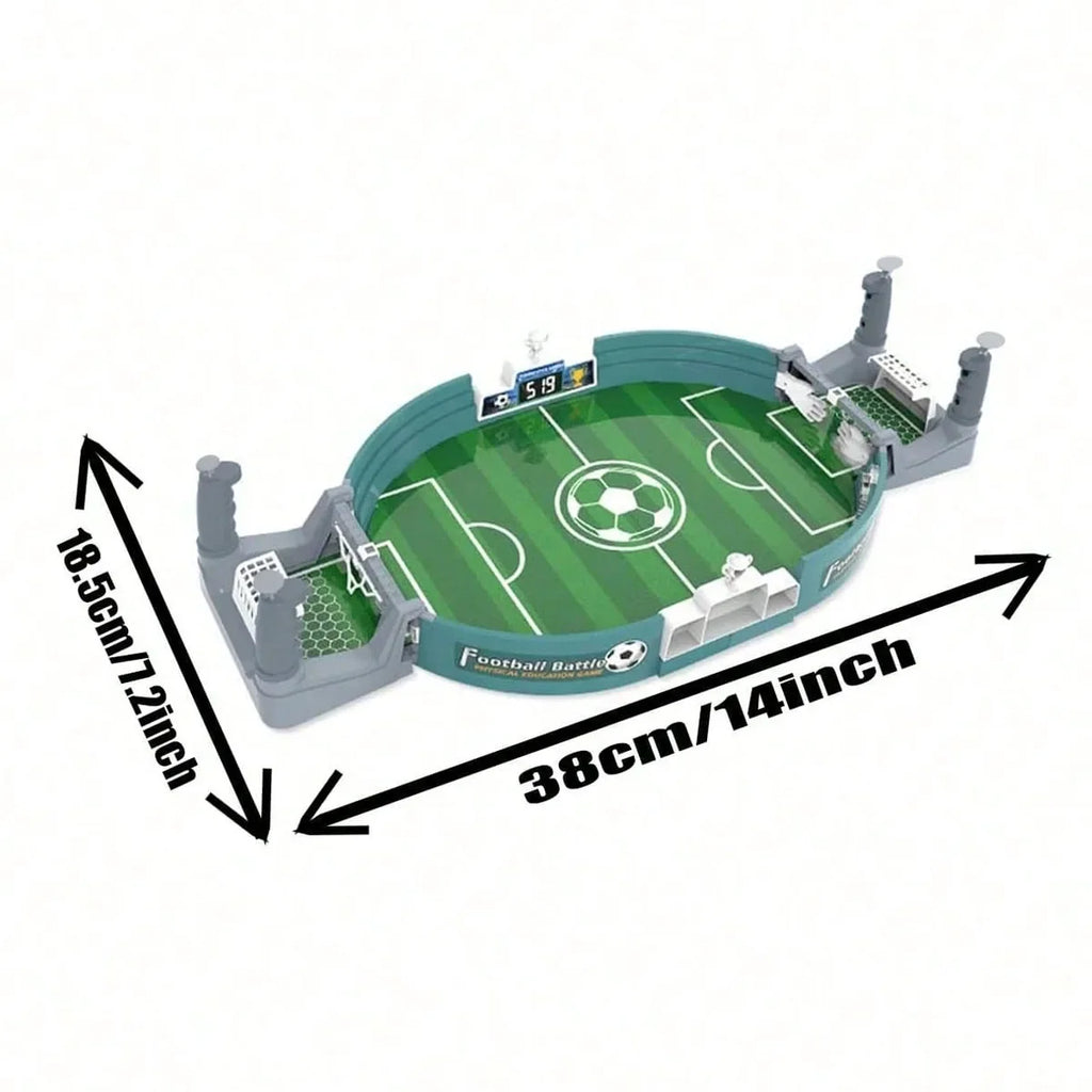 Tabletop football game with green pitch, grey frame, manual scorekeeper, and dimensions of 38cm x 18.5cm.