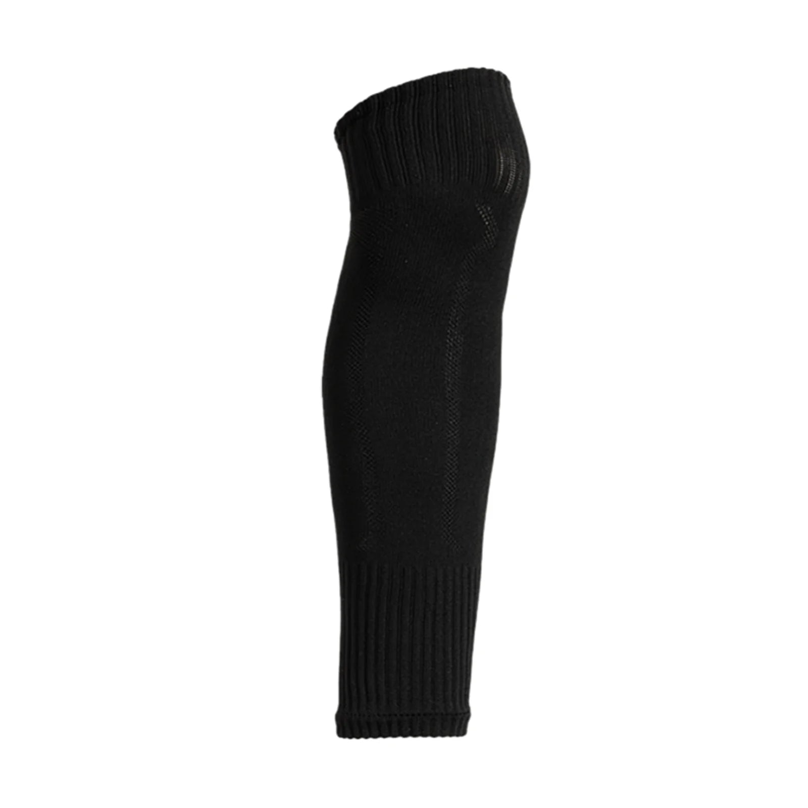 Black knitted leg warmer with ribbed cuffs and a subtle textured pattern throughout.
